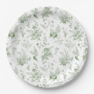 Green Toile De Jouy Vintage Floral Chinoiserie Paper Plate