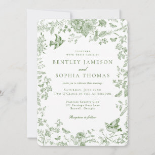 Green Toile De Jouy Vintage French Floral Wedding Invitation