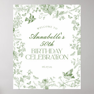 Green Toile Floral Birthday Party Welcome Sign