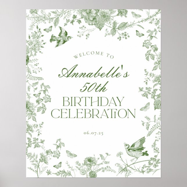 Green Toile Floral Birthday Party Welcome Sign (Front)