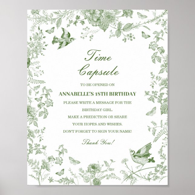 Green Toile Floral Time Capsule Baby Birthday Game Poster (Front)