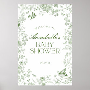 Green Toile Jouy Floral Baby Shower Welcome Sign