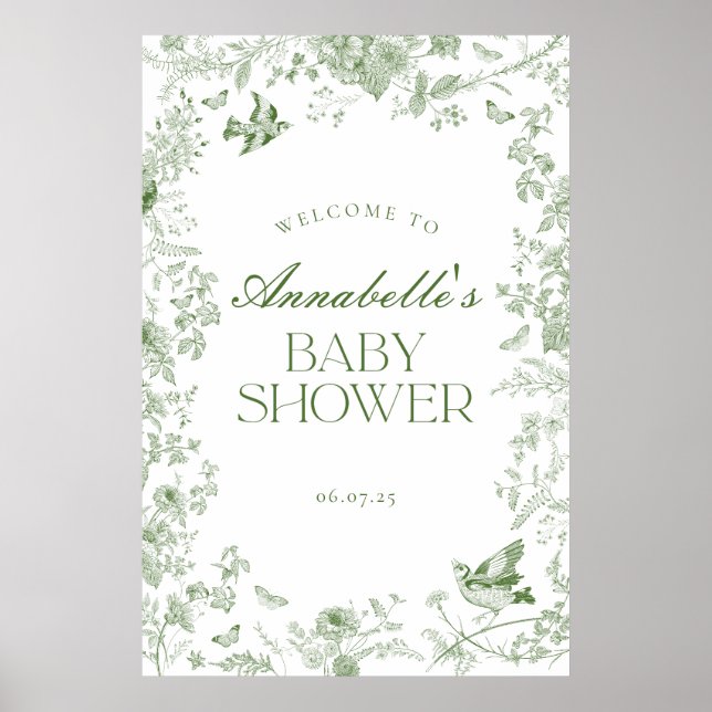 Green Toile Jouy Floral Baby Shower Welcome Sign (Front)