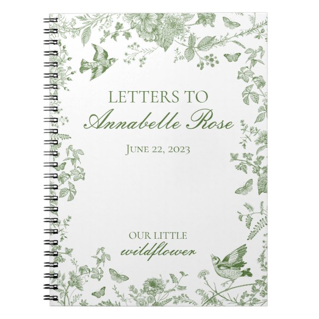 Green Toile Jouy Floral Letters to Birthday Girl Notebook (Front)