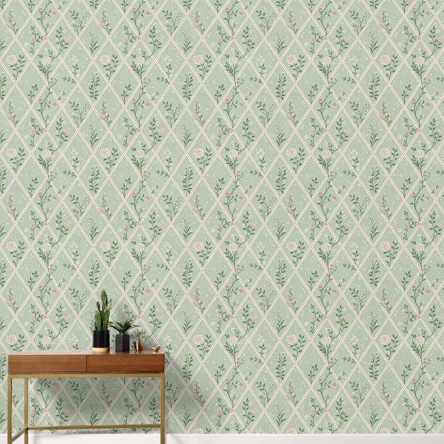 Green Toile Pattern Vintage Look Wallpaper (Hallway)