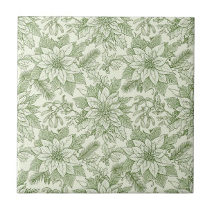 Green Toile Poinsettia Christmas Pattern (1) Ceramic Tile