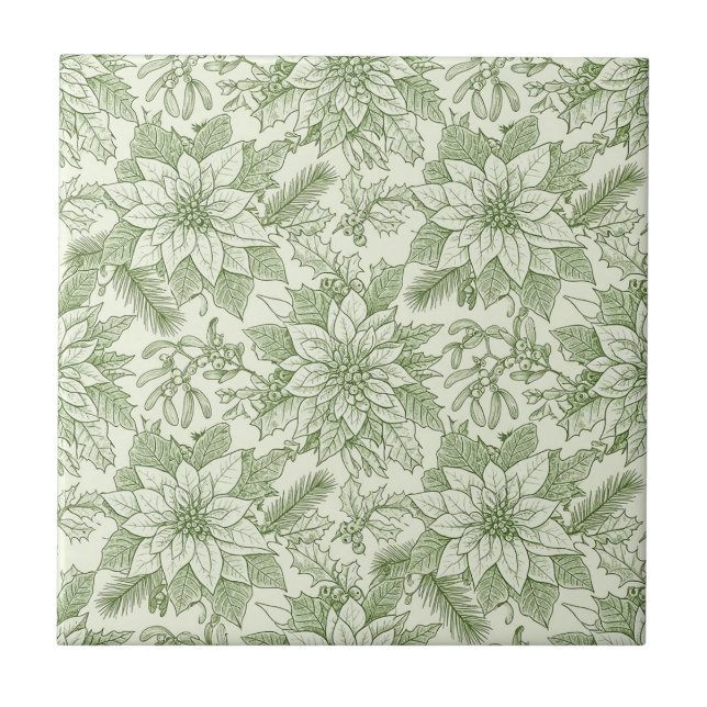 Green Toile Poinsettia Christmas Pattern (1) Ceramic Tile (Front)