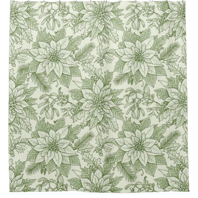 Green Toile Poinsettia Christmas Pattern (1) Shower Curtain (Front)