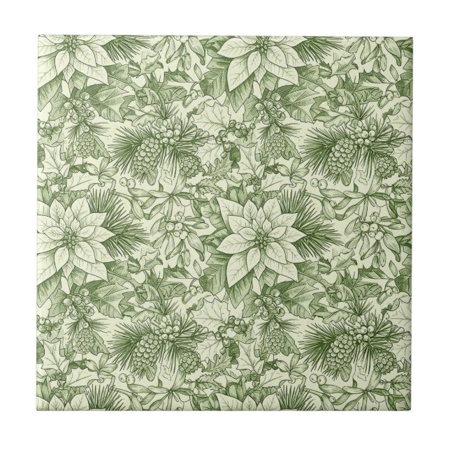 Green Toile Poinsettia Christmas Pattern (2) Ceramic Tile (Front)