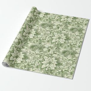 Green Toile Poinsettia Christmas Pattern (2) Wrapping Paper