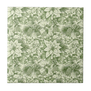 Green Toile Poinsettia Christmas Pattern Ceramic Tile
