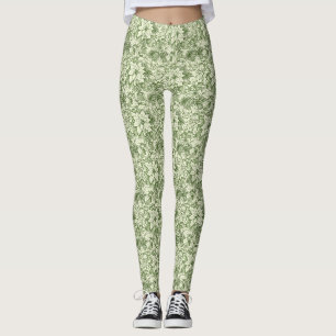 Green Toile Poinsettia Christmas Pattern Leggings