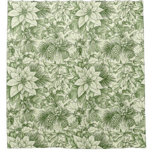 Green Toile Poinsettia Christmas Pattern Shower Curtain