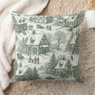 Green Toile Vintage Christmas Village Pattern (2) Cushion