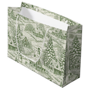 Green Toile Vintage Christmas Village Pattern (3) Large Gift Bag