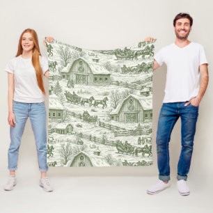 Green Toile Vintage Christmas Village Pattern (4) Fleece Blanket