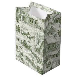 Green Toile Vintage Christmas Village Pattern (4) Medium Gift Bag