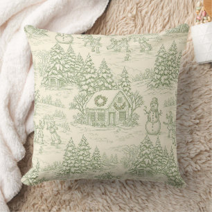 Green Toile Vintage Christmas Village Pattern (5) Cushion