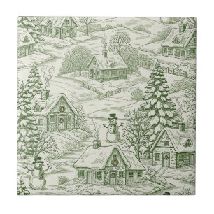 Green Toile Vintage Christmas Village Pattern Ceramic Tile