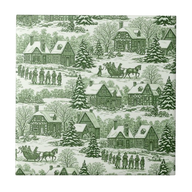 Green Toile Vintage Christmas Village Pattern Ceramic Tile (Front)