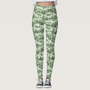 Green Toile Vintage Christmas Village Pattern Leggings