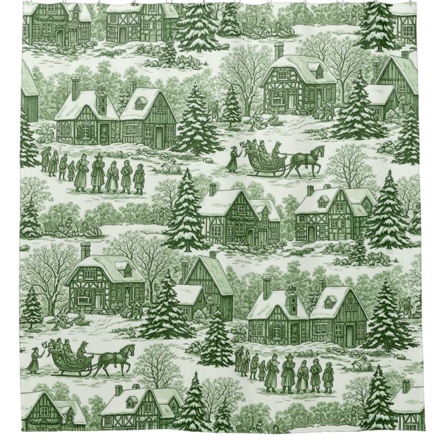 Green Toile Vintage Christmas Village Pattern Shower Curtain (Front)
