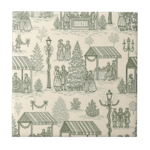 Green Toile Vintage Christmas Village Scene (2) Ceramic Tile