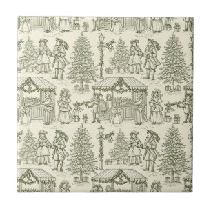 Green Toile Vintage Christmas Village Scene Ceramic Tile