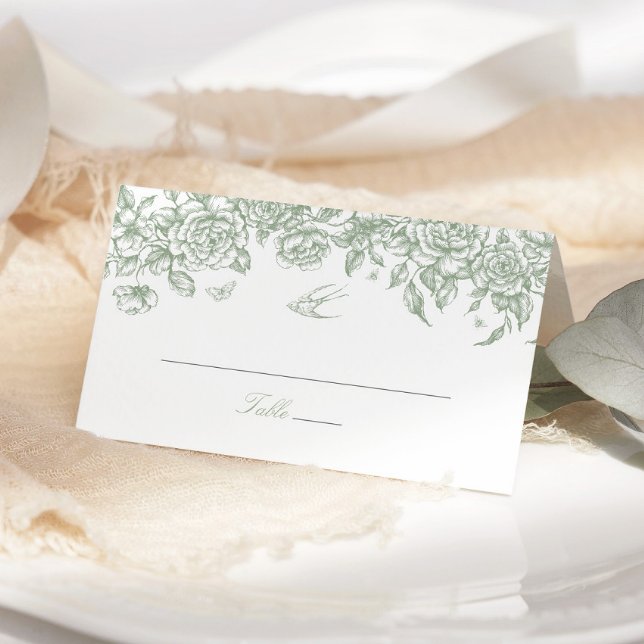 Green Toile Wedding Folded Place Card Chinoiserie (Creator Uploaded)