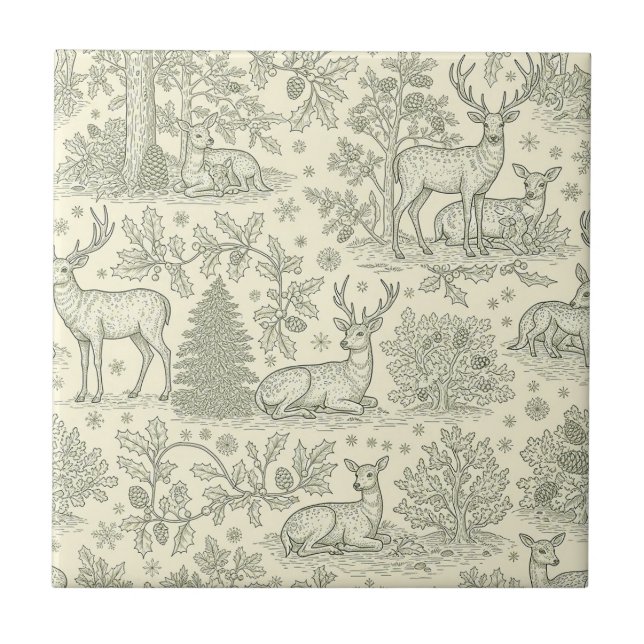 Green Toile Woodland Deer Christmas Pattern (2) Ceramic Tile (Front)