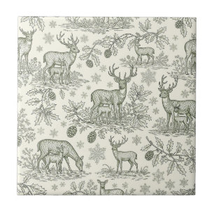 Green Toile Woodland Deer Christmas Pattern (3) Ceramic Tile