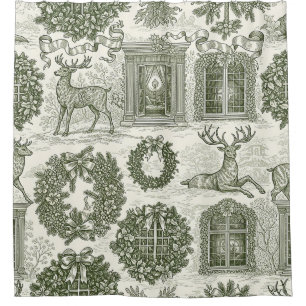 Green Toile Woodland Deer Christmas Pattern Shower Curtain