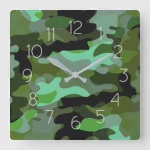 Green Tone Camouflage Pattern Square Wall Clock