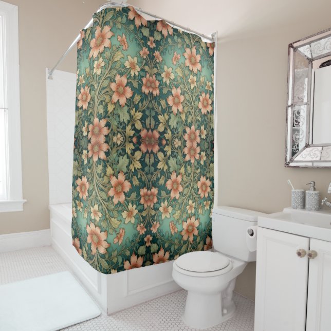 Green Tone Orange Flowers Art Nouveau Shower Curtain (In Situ)