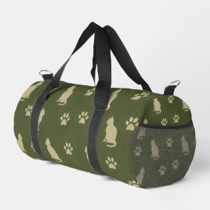 Green Tone Playful Cat and Paw Pattern Pet Lovers Duffle Bag