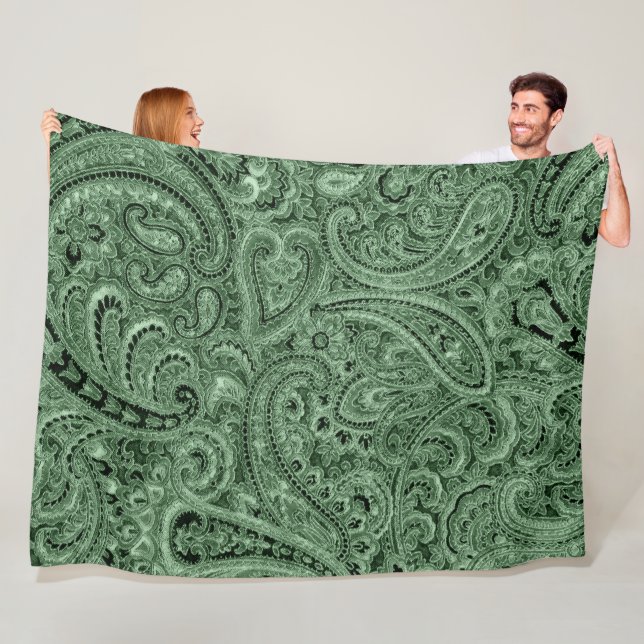 Green Tones Floral Paisley Pattern Fleece Blanket (In Situ)