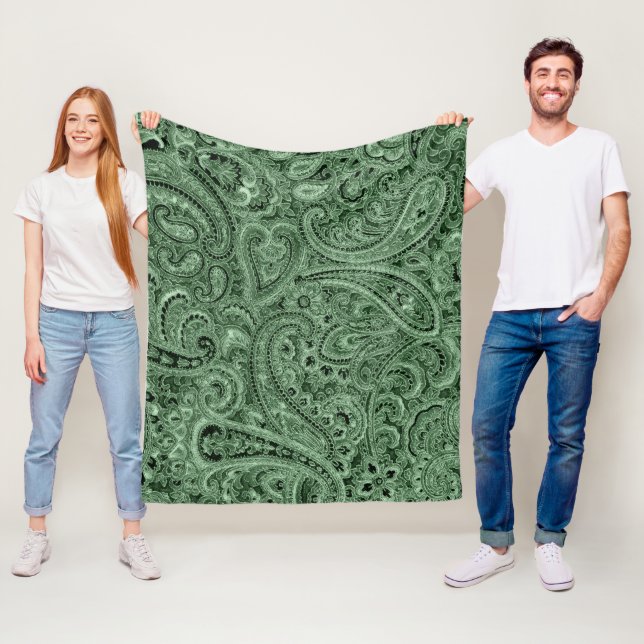 Green Tones Floral Paisley Pattern Fleece Blanket (In Situ)