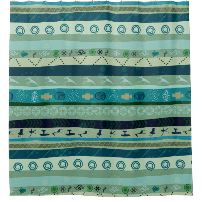 Green Tones Trigal Stripes Geometric Pattern Shower Curtain (Front)