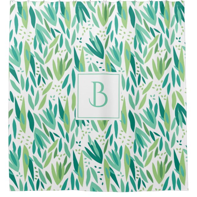 Green Tones Tropical Leafs Pattern Shower Curtain (Front)