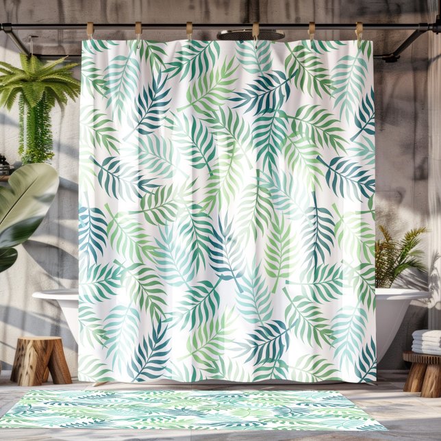 Green tones tropical plam leaves pattern rug shower curtain (Creator Uploaded)