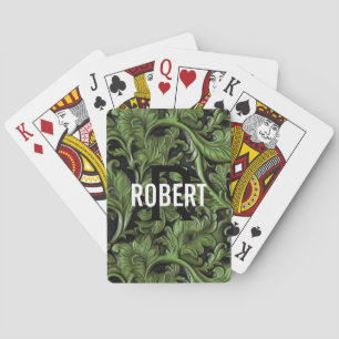 Green tooled leather monogram name playing cards