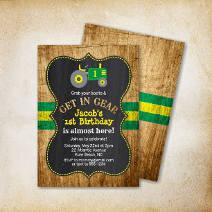 Green Tractor 1st Birthday Boy Party Farm Invitation