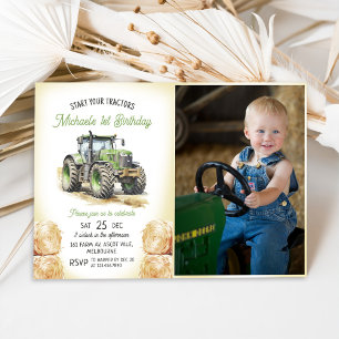 Green Tractor 1st Birthday Party Photo Invitation