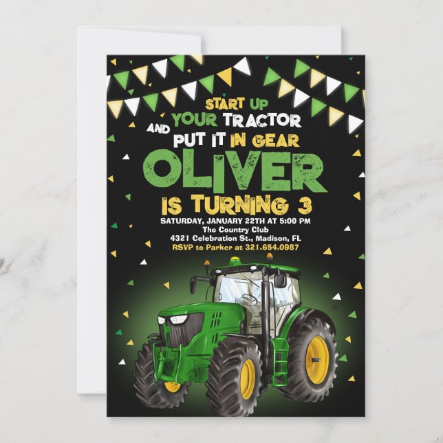 Green Tractor 5th Birthday Party Invitation (Front)