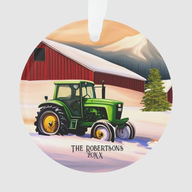 Green Tractor and Red Barn Ornament (Front)