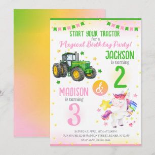 Green Tractor and Unicorn Siblings Joint Birthday Invitation