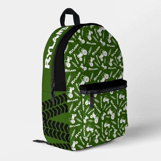 Green tractor and wheat graphic personalised printed backpack (Back Corner Left)