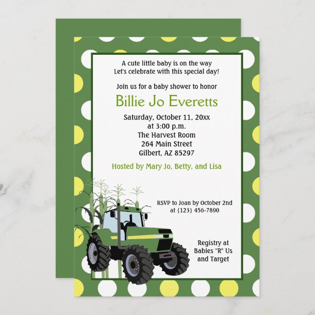Green Tractor Baby Shower 5x7 Invitation (Front/Back)