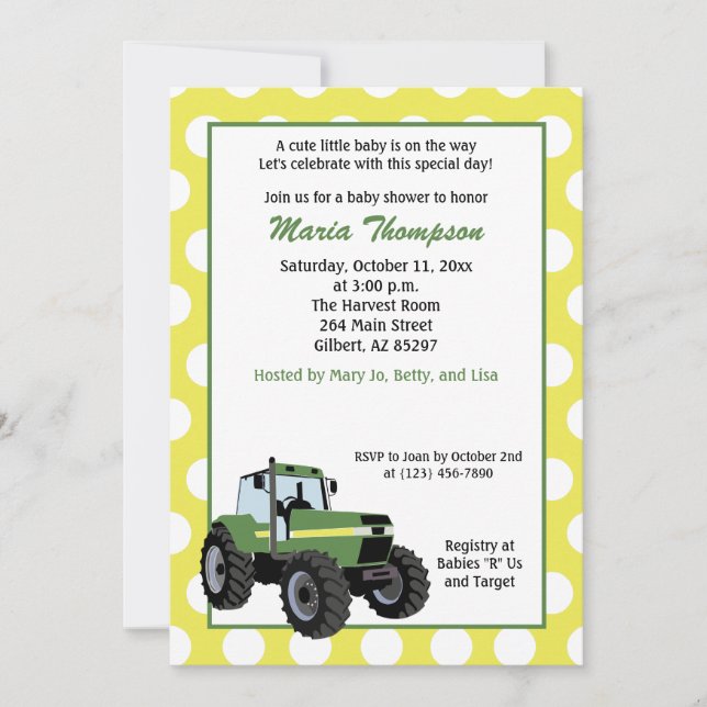 Green Tractor Baby Shower 5x7 Invitation (Yellow) (Front)