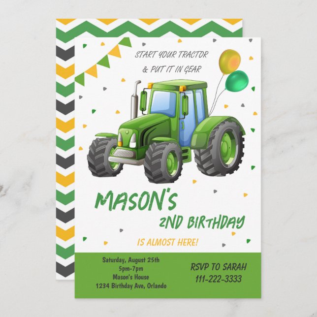 Green Tractor Balloon Birthday Invitation (Front/Back)